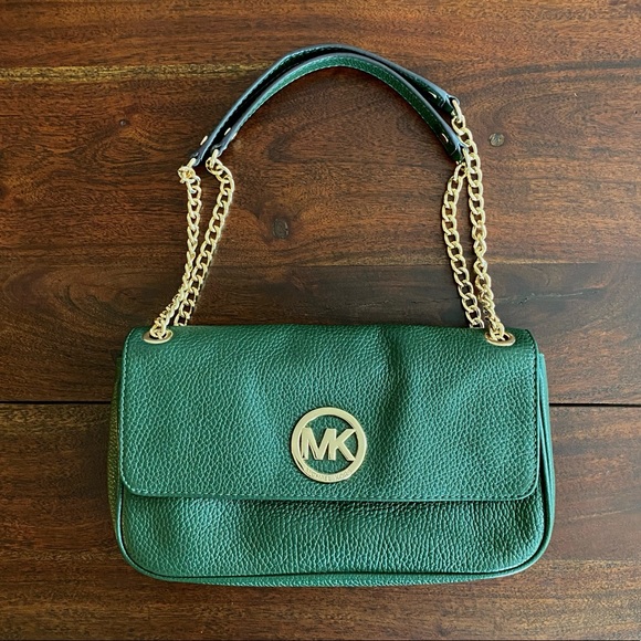 Michael Kors Genuine Leather Hunter Green Shoulder Bag with Gold Accents - Picture 2 of 14